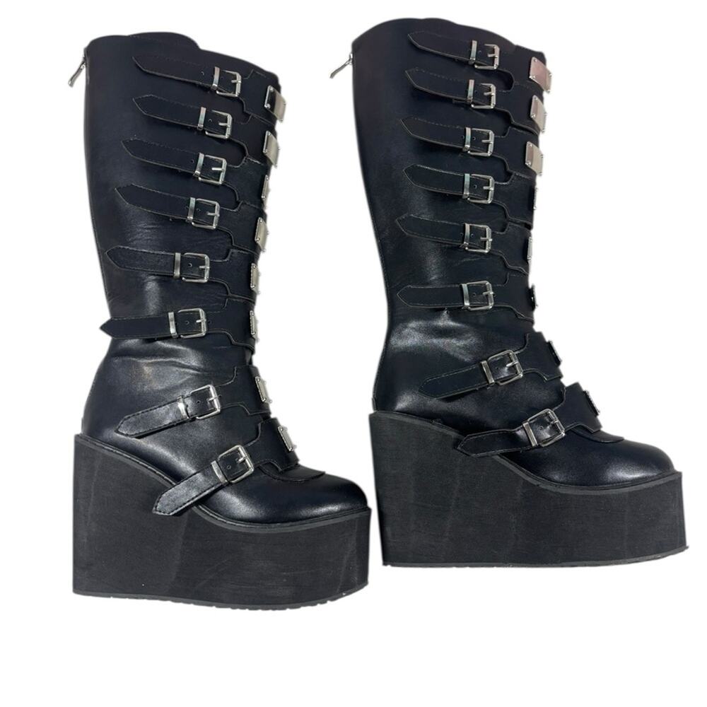 Goth Platform Boots Knee High Gothic Womens Whimsigoth Buckle Straps Black - Picture 4 of 7